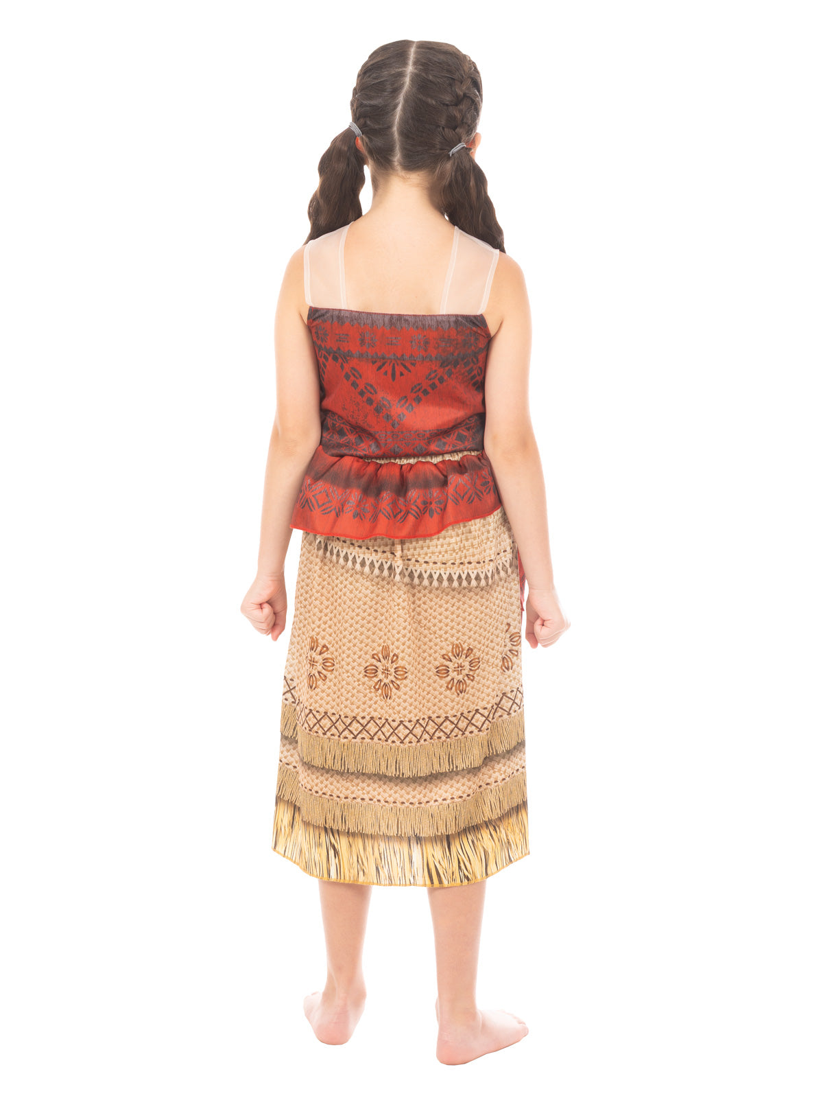 Back view of the Moana Deluxe Live Action dress with a red bodice and tan skirt