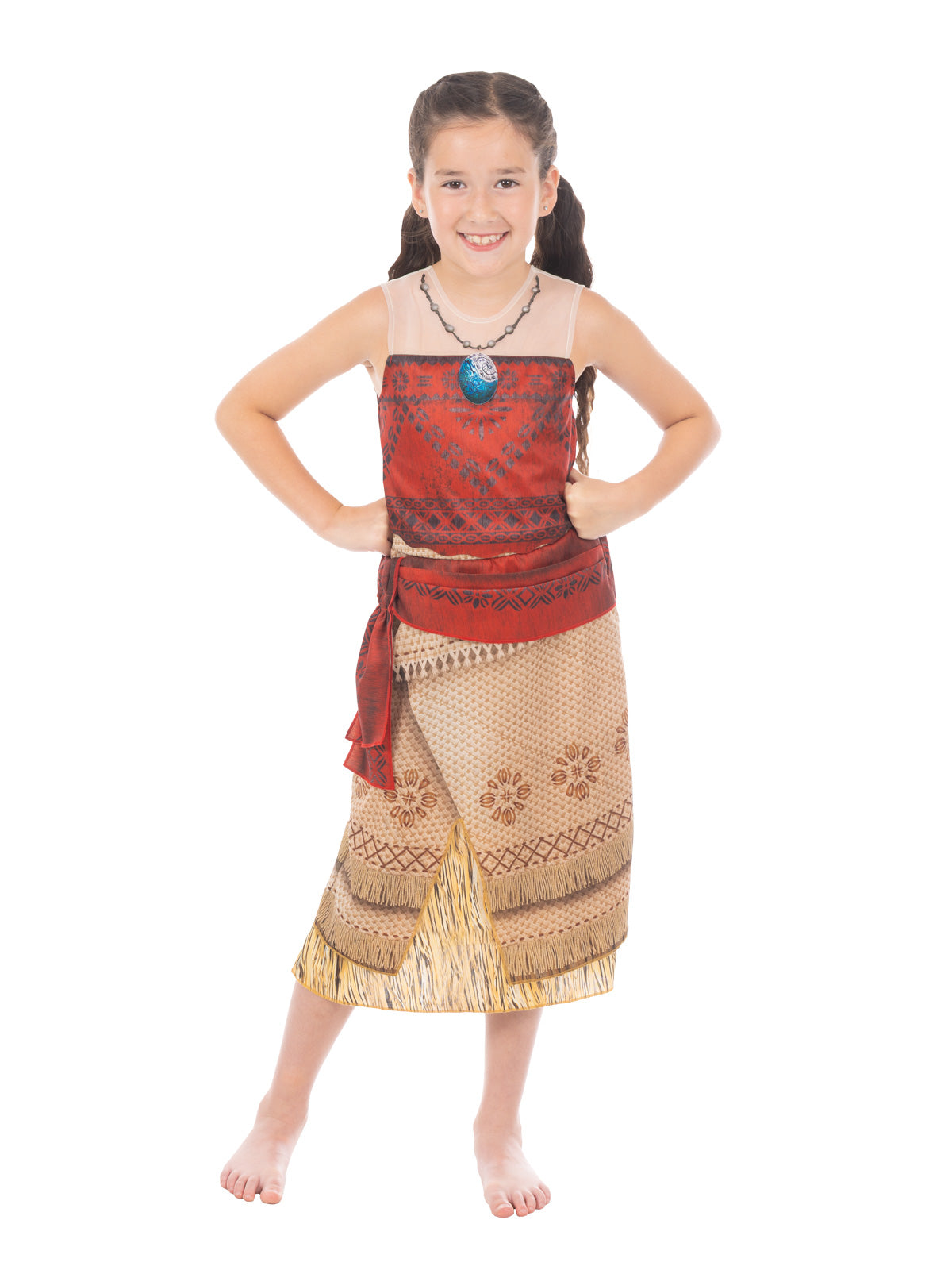 Girl with hands on hips in the Moana live action dress with red top, waist sash and tan patterned skirt