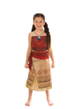 Girl in the Disney Moana Deluxe Live Action dress with a red bodice, foam pendant necklace and tan printed skirt
