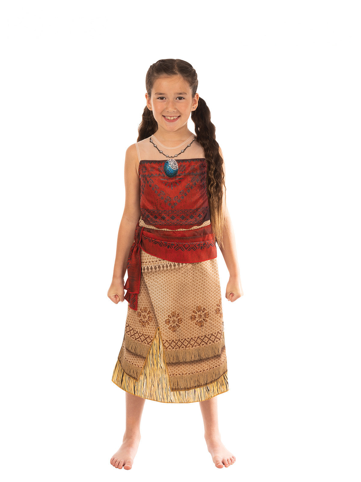 Girl in the Disney Moana Deluxe Live Action dress with a red bodice, foam pendant necklace and tan printed skirt