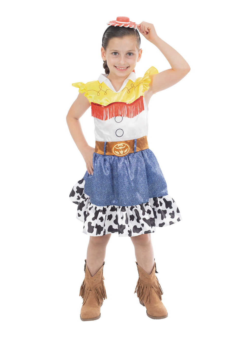 Girl with a hand on her head in the Jessie Deluxe dress, showing the belt and cow-print hem