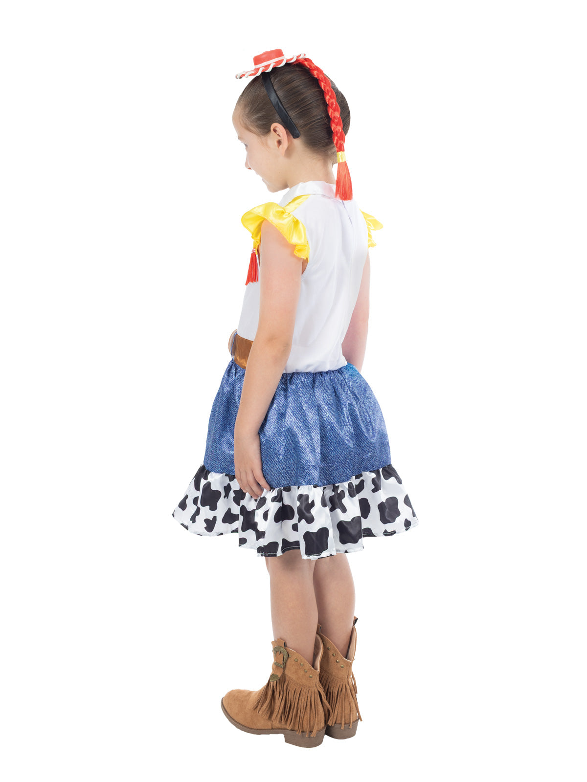 Side view of the Jessie Deluxe tutu dress with the red plait and cow-print hem