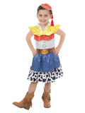 Girl in the Jessie Deluxe Toy Story tutu dress with yellow ruffle shoulders, belt and blue skirt with cow-print hem