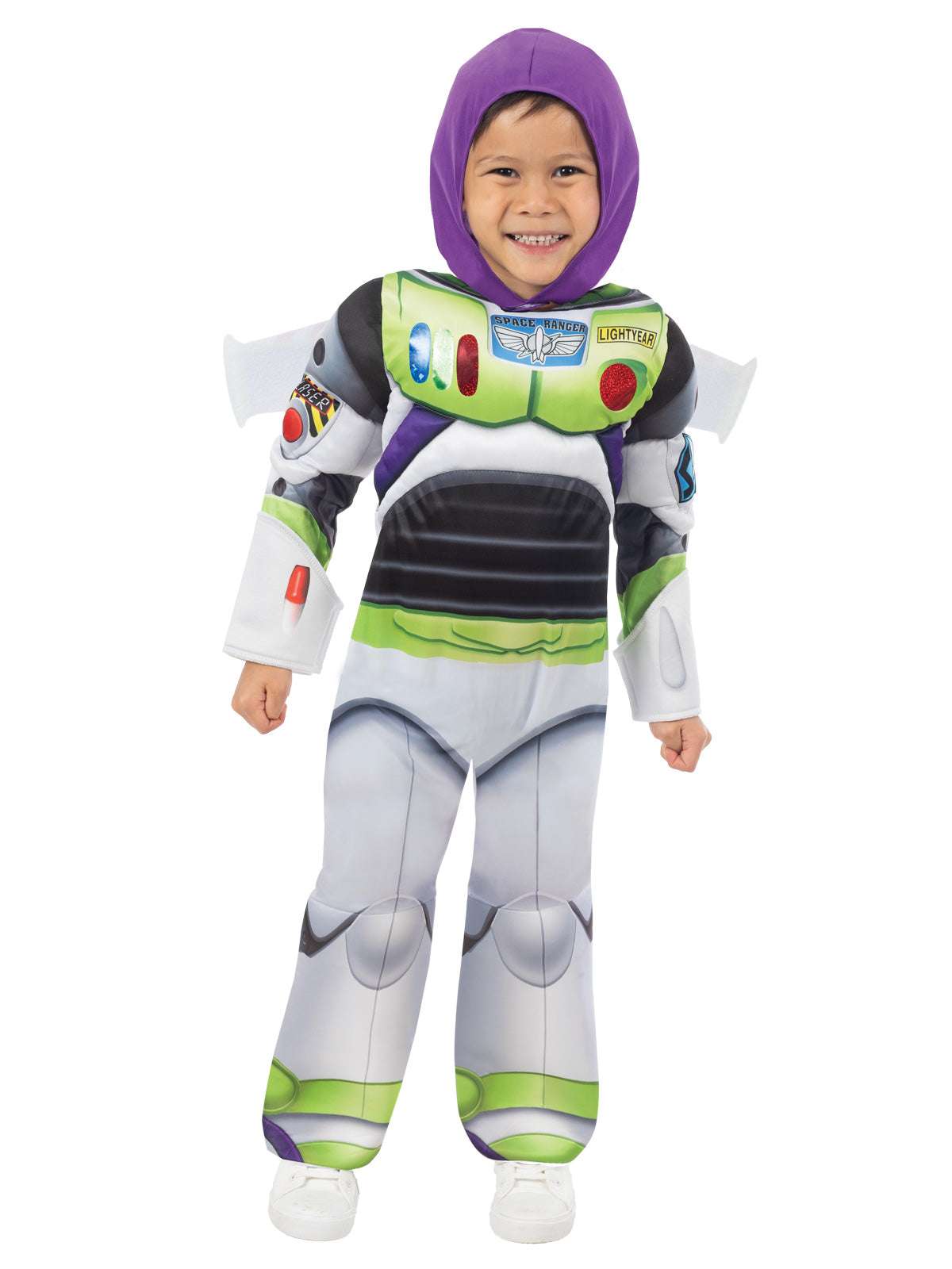 Child wearing the deluxe Buzz Lightyear suit with padded knees and flared legs