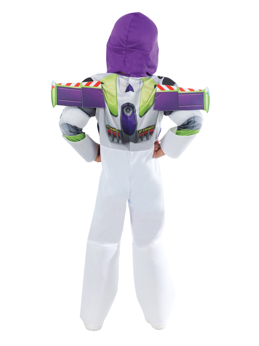 Back view of the Buzz Deluxe Toy Story 5 Costume, Child, showing the printed jet pack and wings