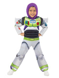 Child in a deluxe Buzz Lightyear Toy Story 5 suit with padded chest, 3D gauntlets and purple snood