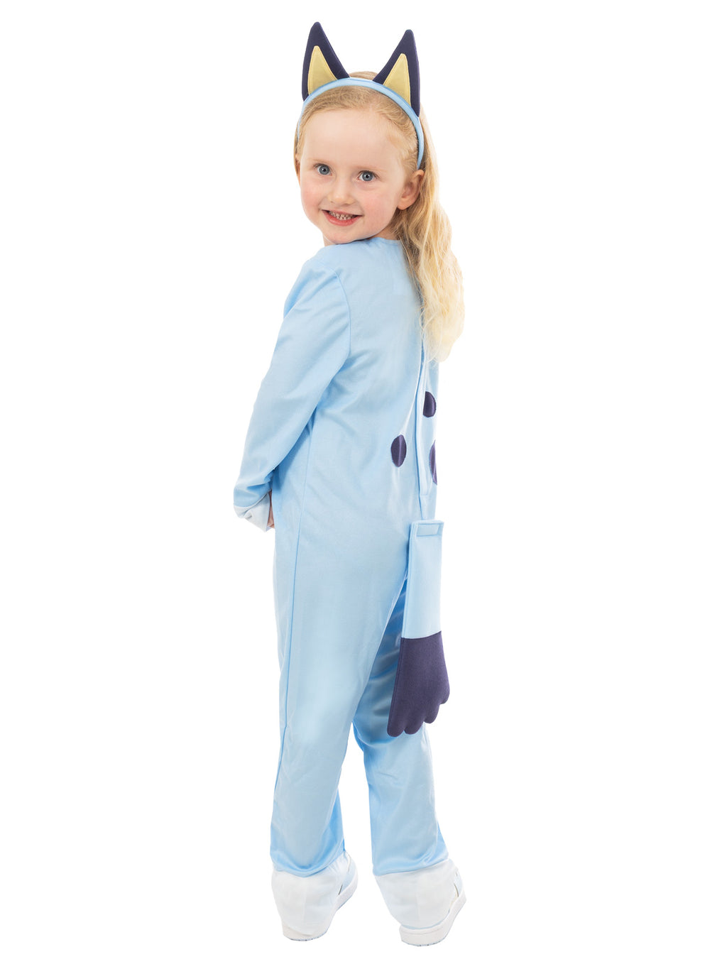 Side view of the Bluey toddler plush jumpsuit with detachable navy felt tail