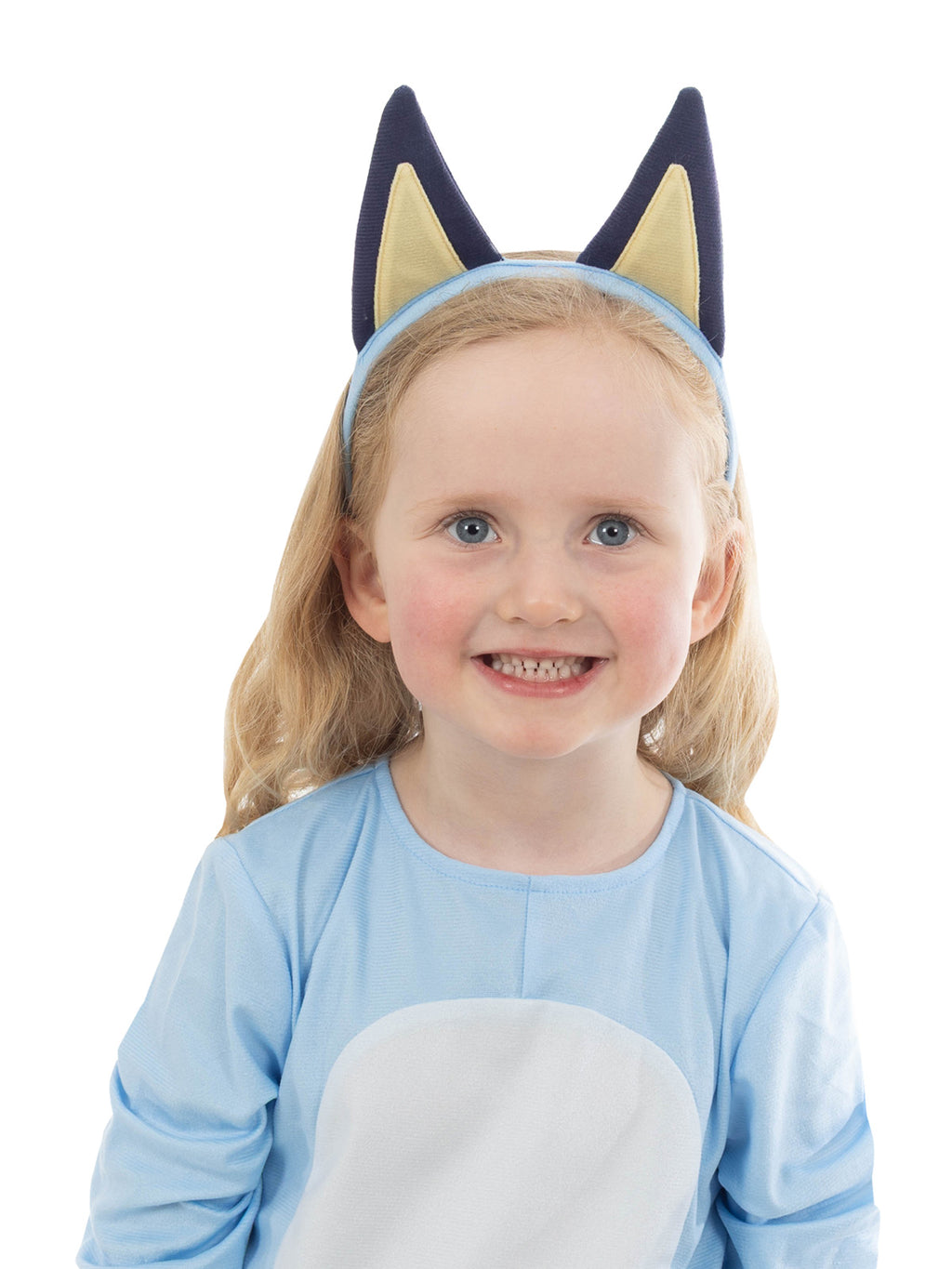 Close-up of the Bluey plush headband with navy and tan fabric ears