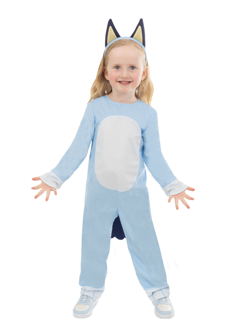 Toddler in a blue plush Bluey jumpsuit with printed spots, cream tummy, felt tail and ears headband