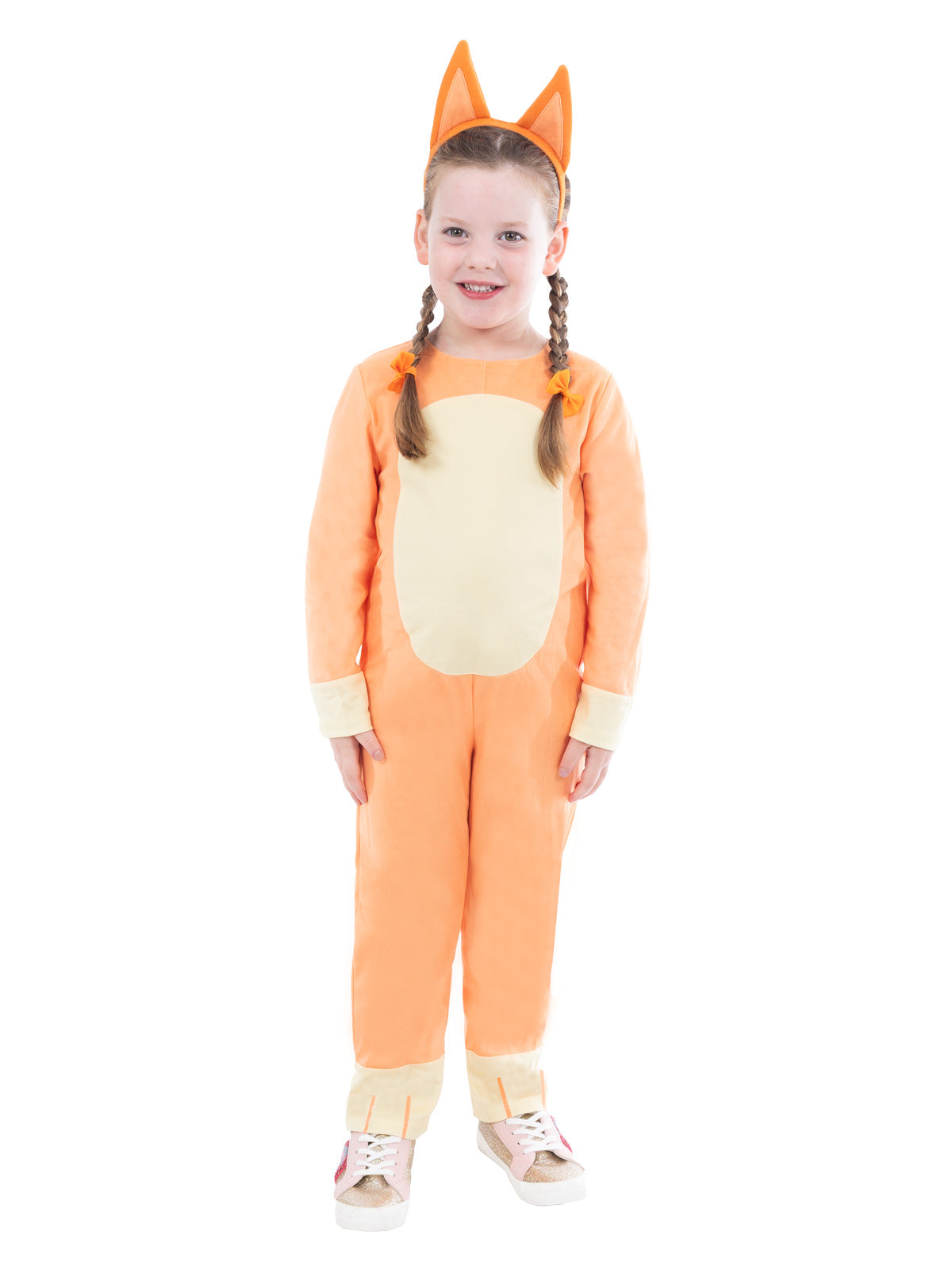 Toddler wearing the orange Bingo plush jumpsuit with cream cuffs and Bingo ears headband