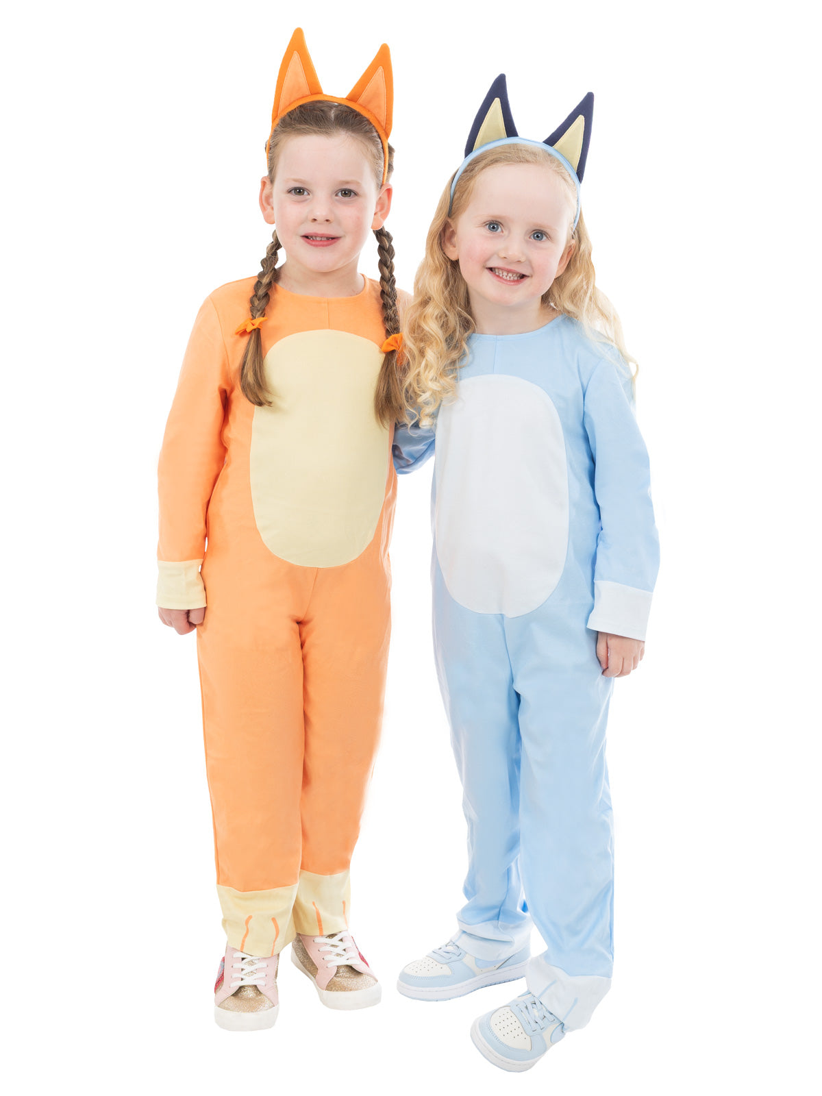 Two toddlers in Bingo and Bluey plush jumpsuits (Bluey sold separately)