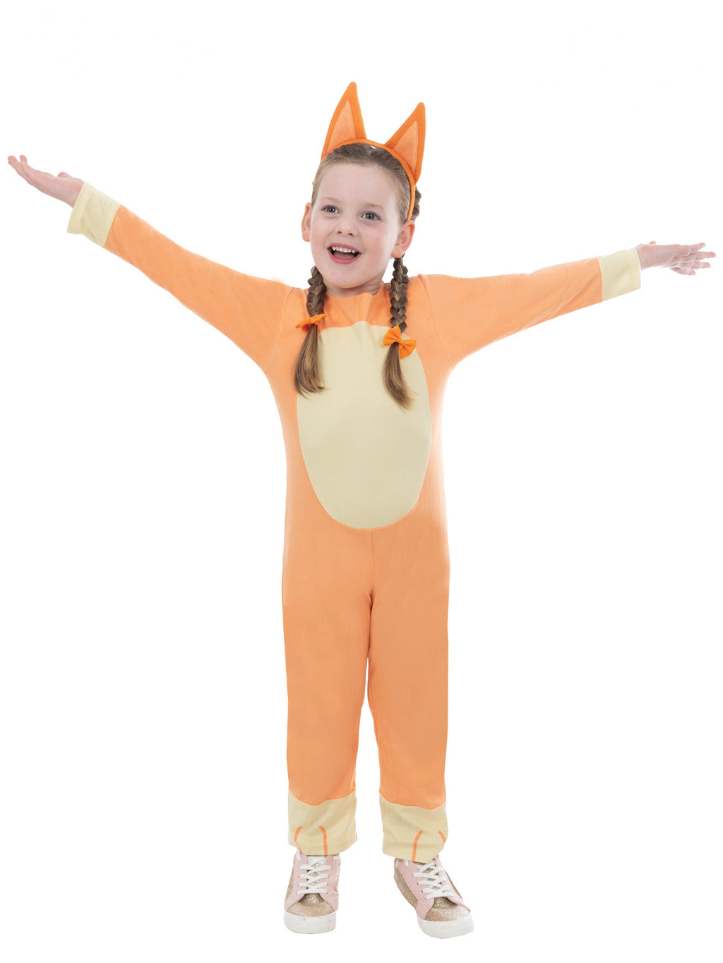 Toddler in an orange plush Bingo jumpsuit with printed spots, cream tummy, felt tail and ears headband