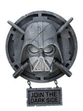 Grey faux stone Darth Vader helmet wall plaque with crossed lightsabers and hanging sign