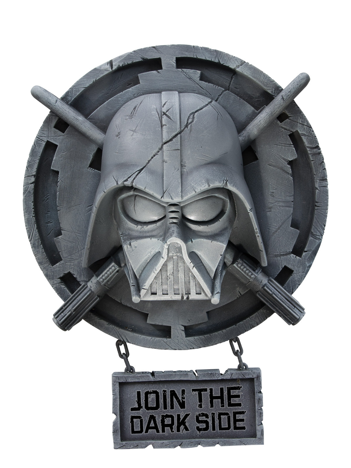 Grey faux stone Darth Vader helmet wall plaque with crossed lightsabers and hanging sign