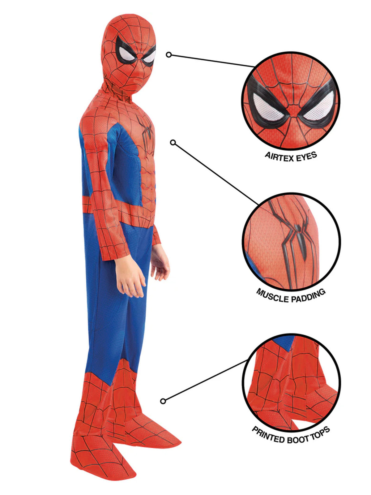 Side view of the Spider-Man deluxe costume with callouts for the mesh eyes, muscle padding and printed boot tops