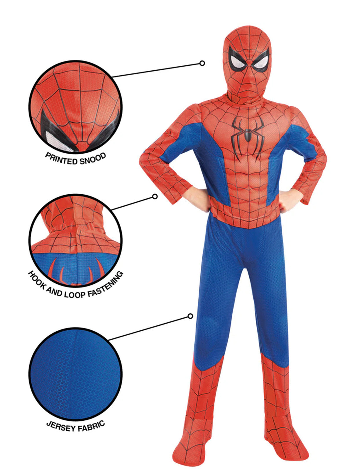 Front view of the Spider-Man deluxe costume with callouts for the printed chest, muscle padding and jersey fabric