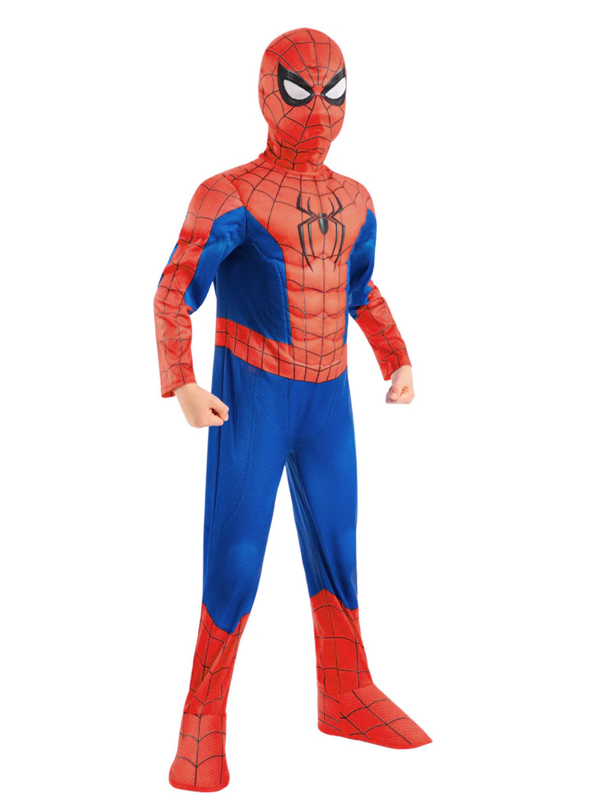 Side view of the Spider-Man deluxe costume showing the fibre-filled muscle chest and arms