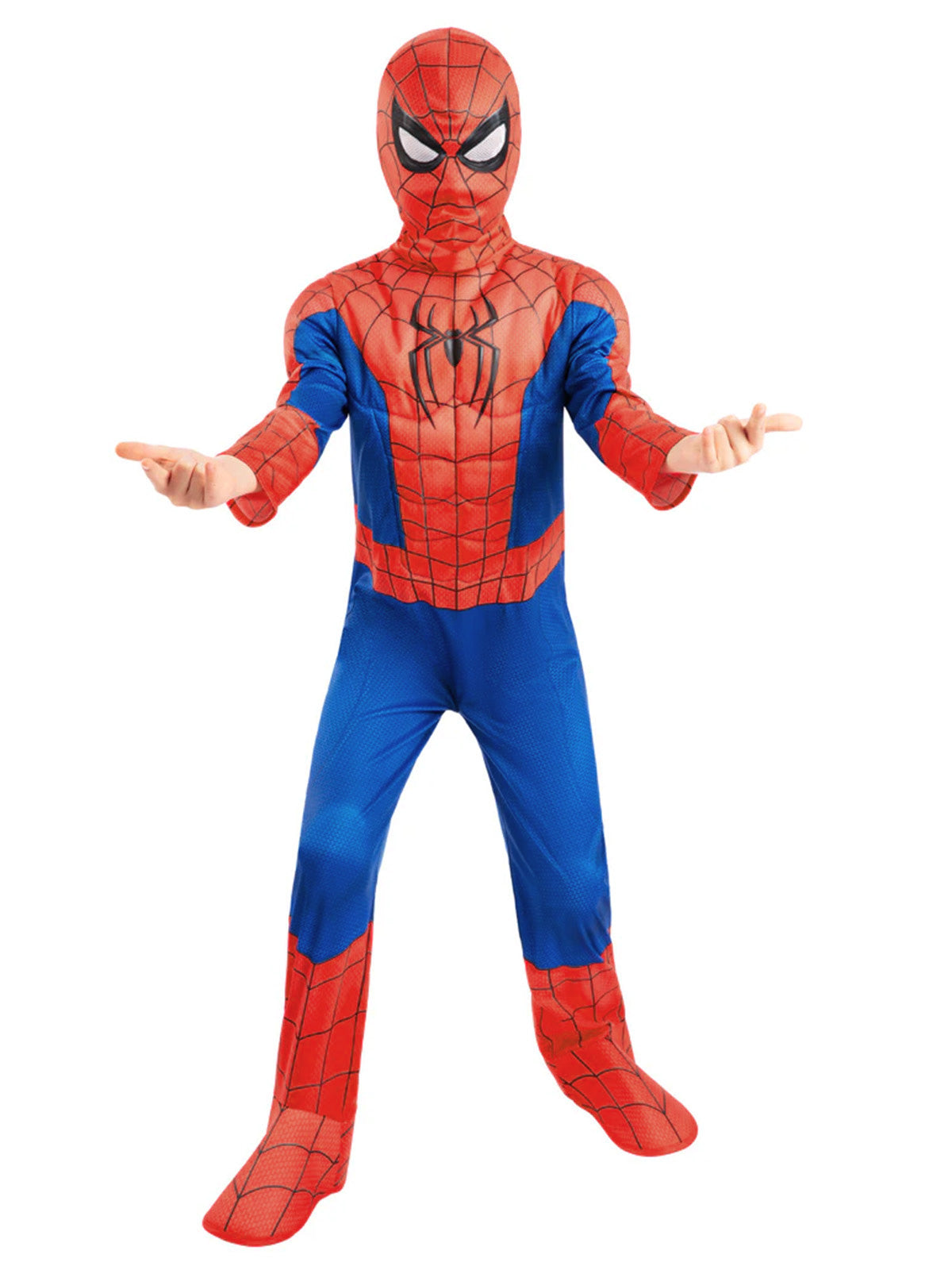 Front view of the Spider-Man Brand New Day costume with a printed spider on the chest and attached boot covers