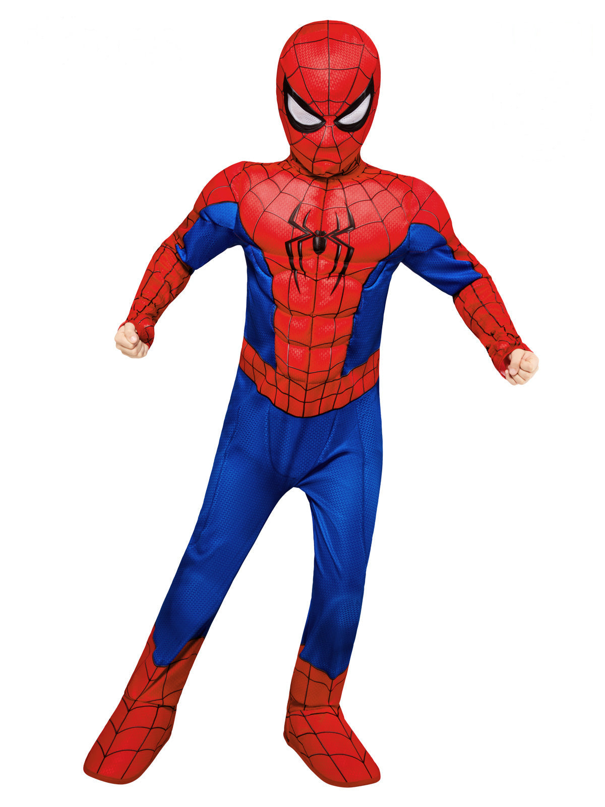 Boy in the deluxe Spider-Man Brand New Day costume with a muscle chest, web print, mask and red boot covers