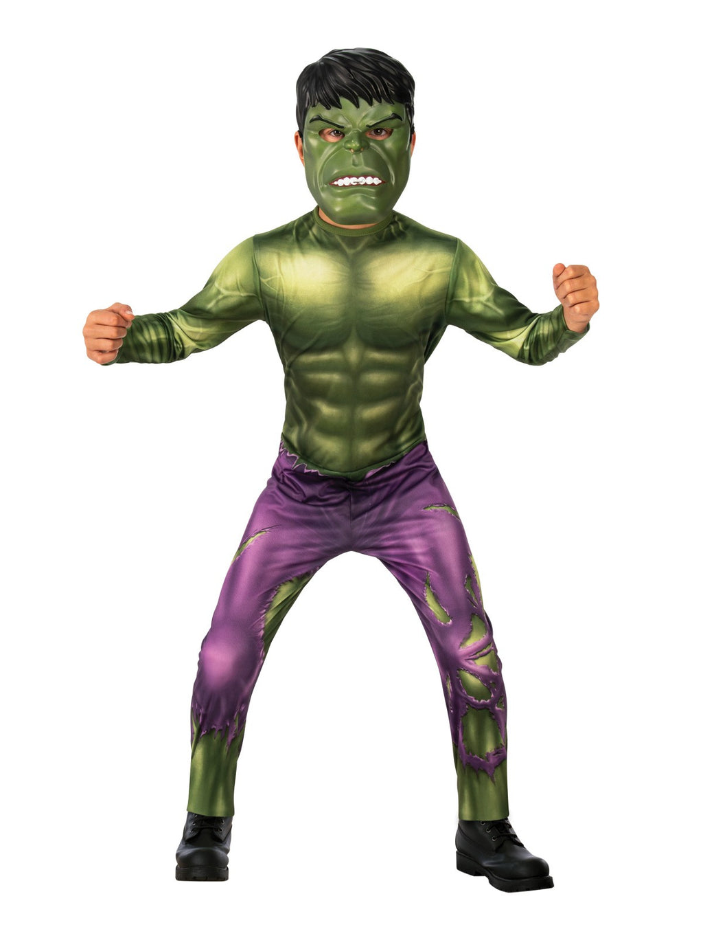 Front view of the Hulk Avengers Muscle costume with the headpiece, green torso and purple pants