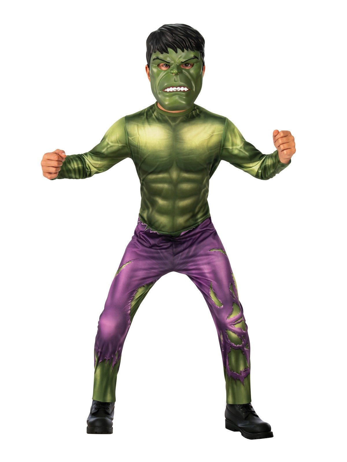 Front view of the Hulk Avengers Muscle costume with the headpiece, green torso and purple pants