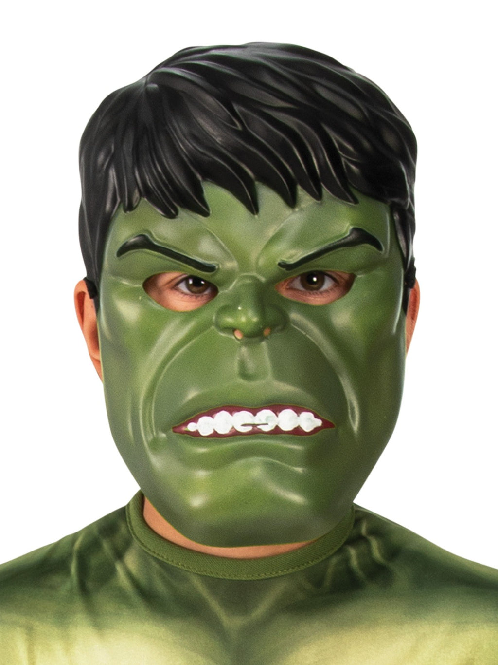 Close-up of the moulded Hulk headpiece with black hair and an angry green face