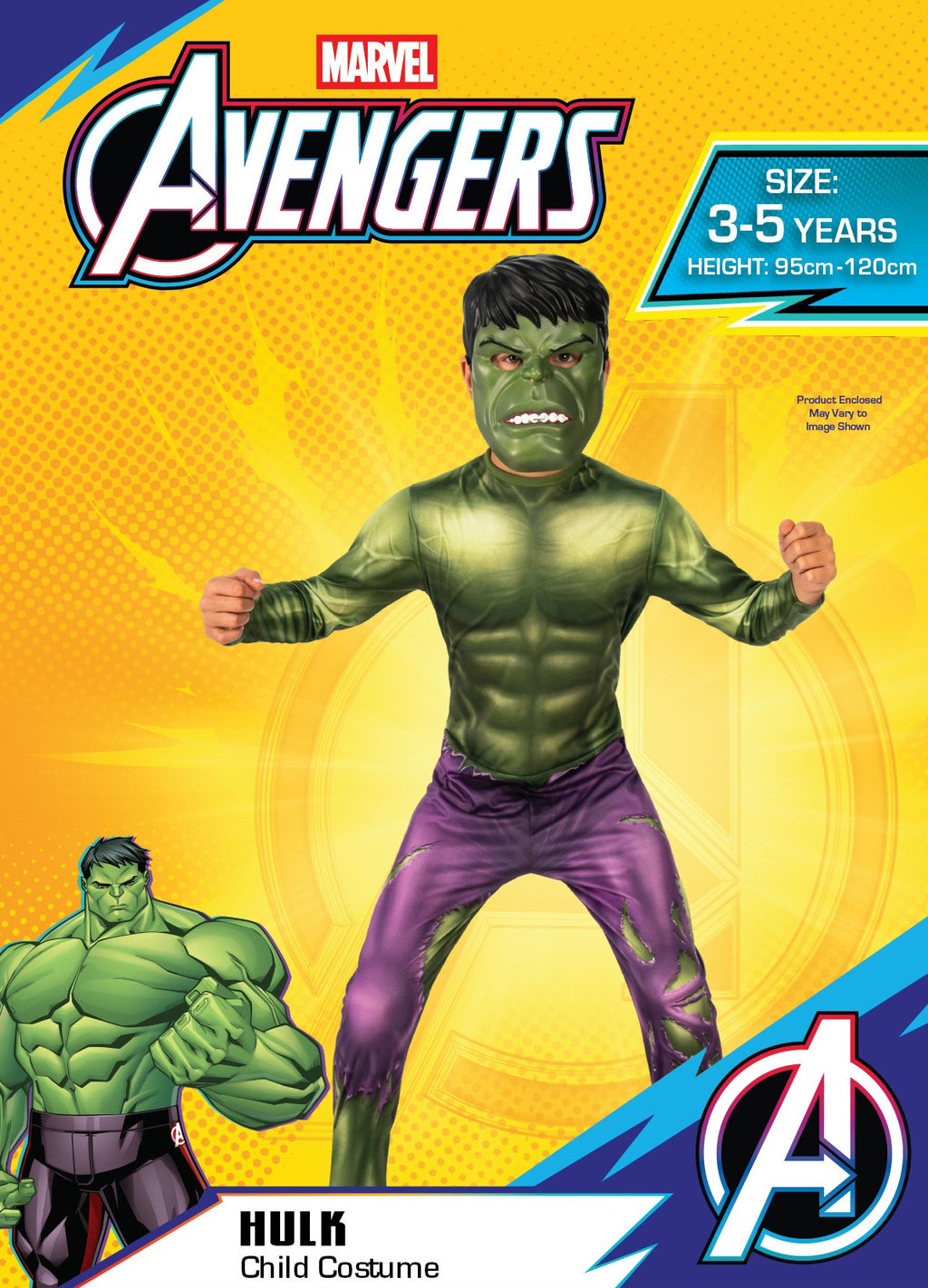 Marvel Avengers Hulk costume packaging for ages 3–5 showing the muscle jumpsuit and mask