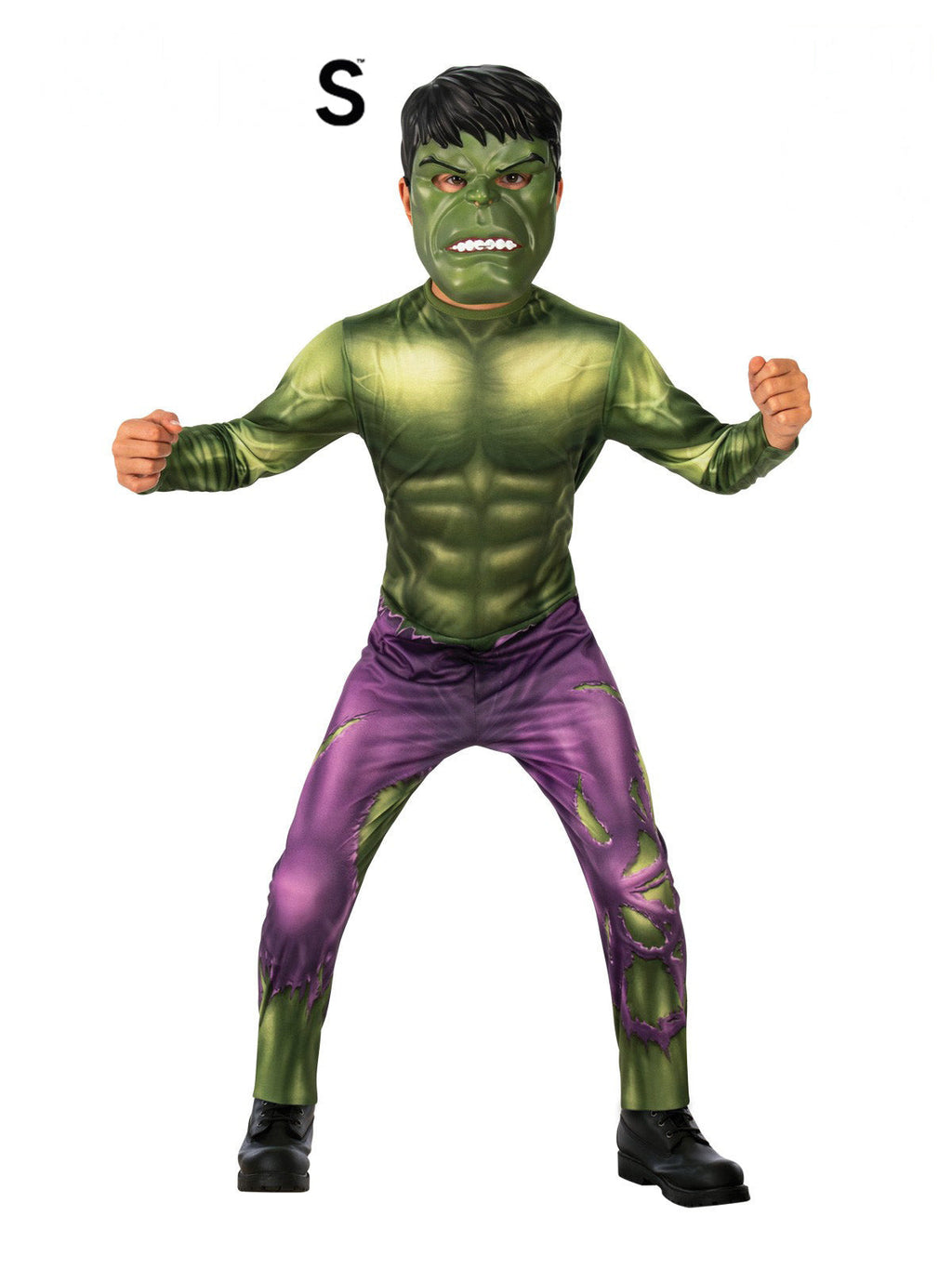 Boy in the Hulk Avengers costume with a green printed muscle jumpsuit, purple pants and moulded Hulk headpiece