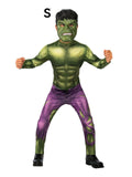 Boy in the Hulk Avengers costume with a green printed muscle jumpsuit, purple pants and moulded Hulk headpiece