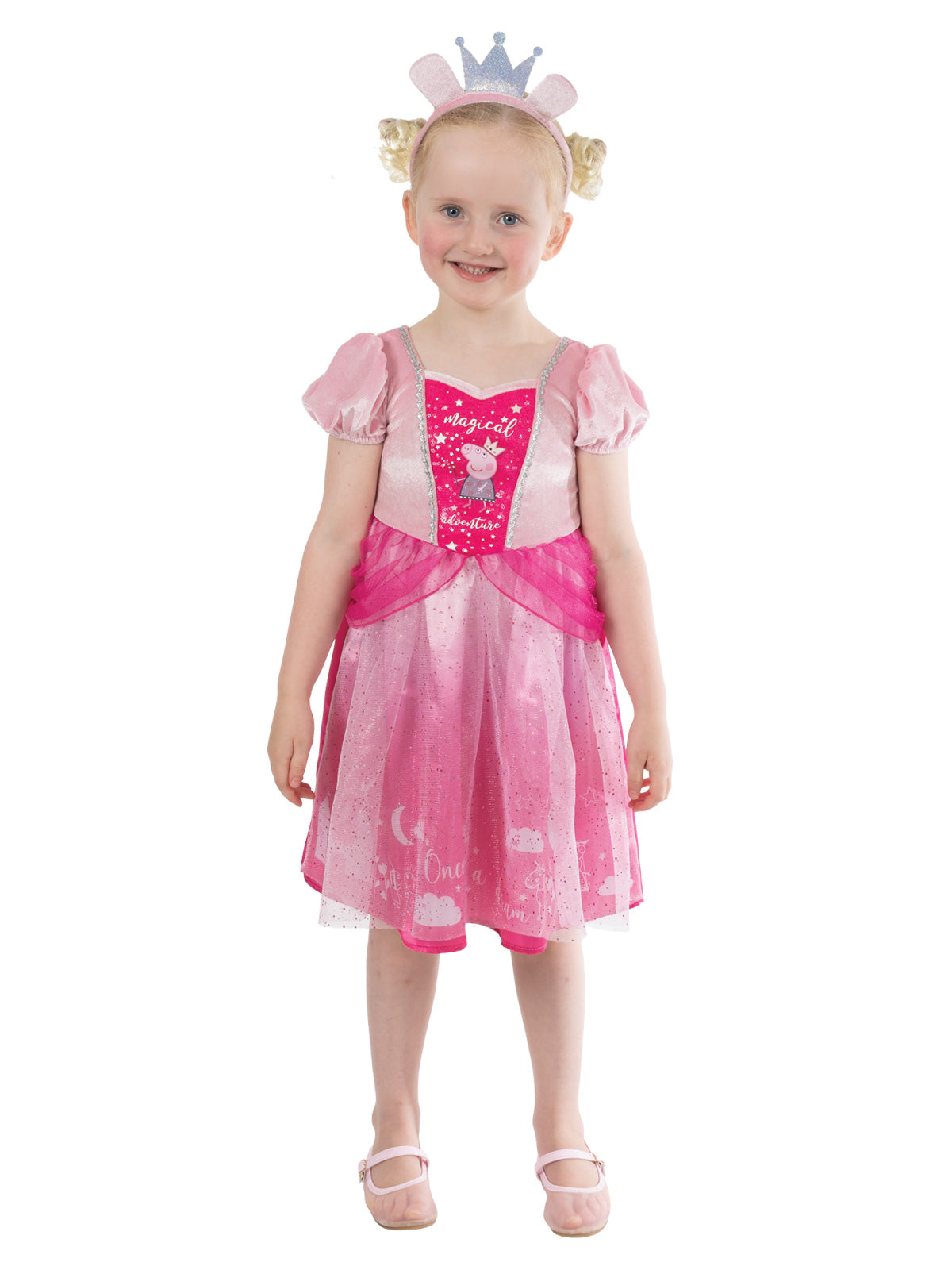 Side view of the pink Peppa Pig Princess dress with velour bodice and tulle overlay skirt