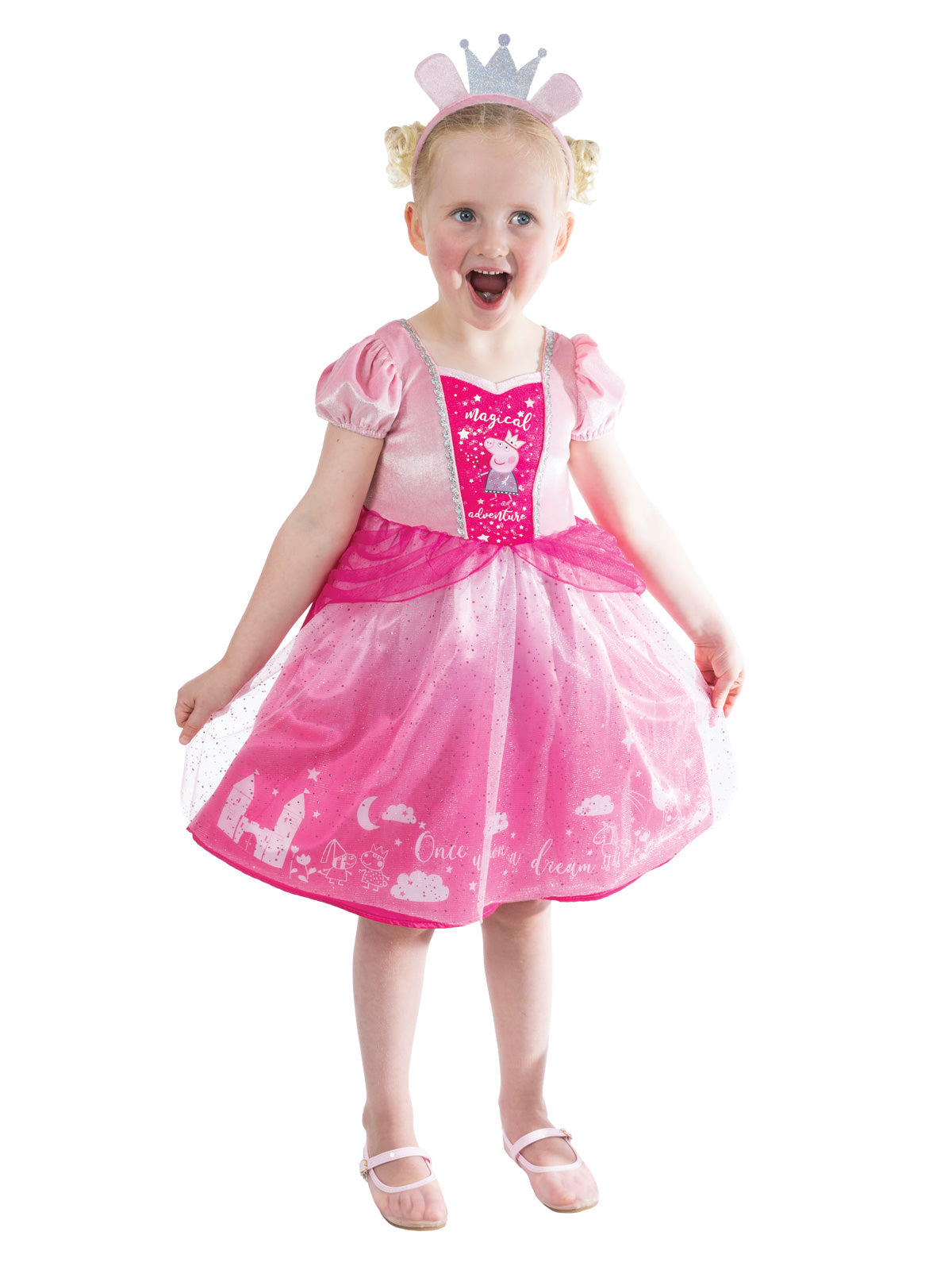 Young girl wearing the pink Peppa Pig Princess dress with tulle skirt and crown headband