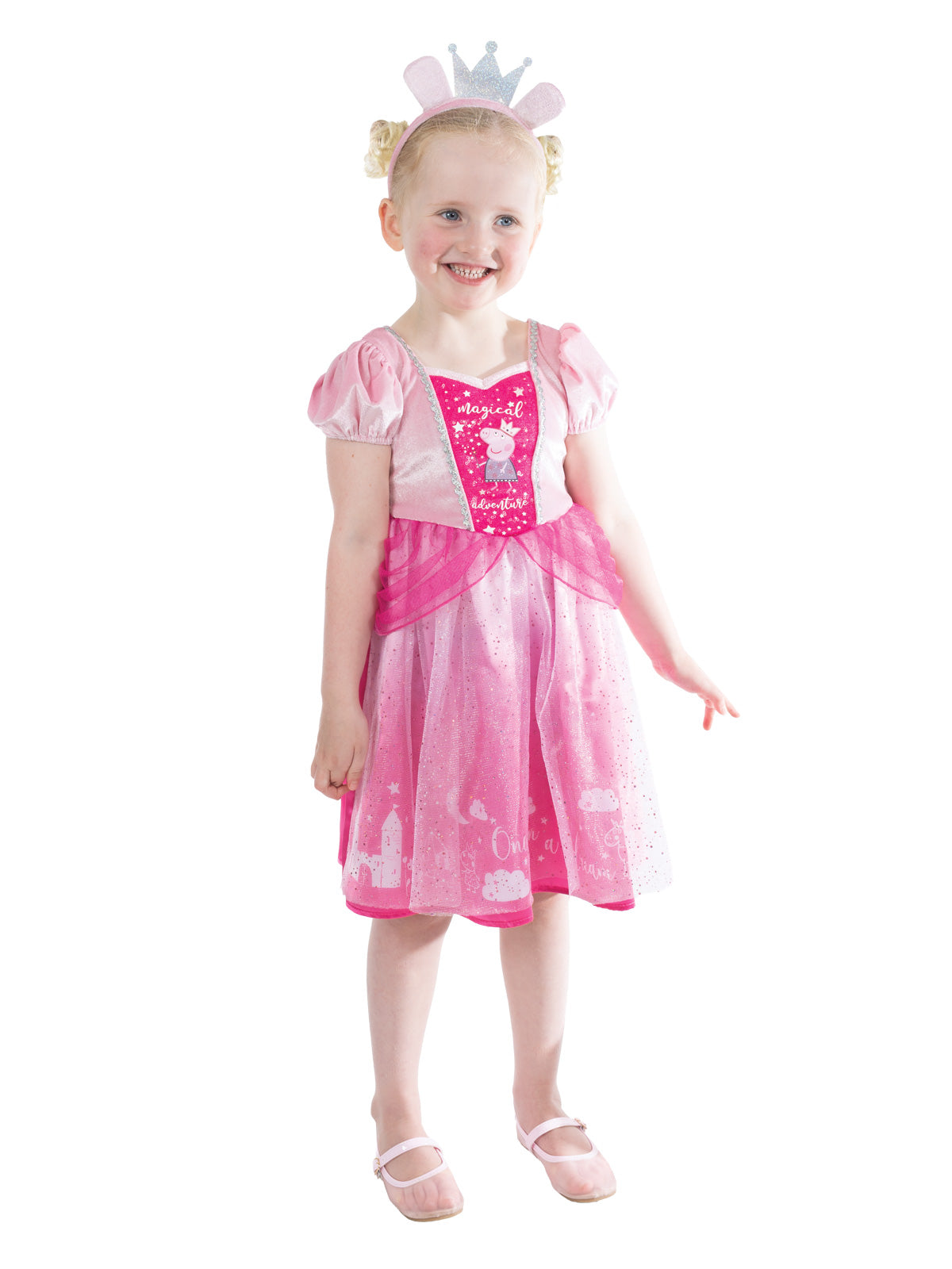 Girl standing in the Peppa Pig Princess dress with silver sequin trim and felt ears headband