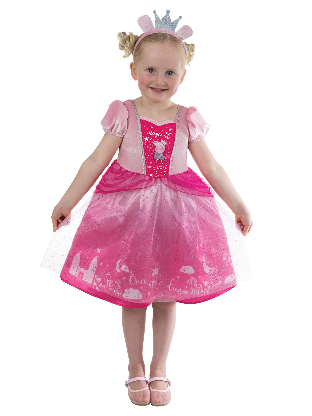 Girl in the Peppa Pig Princess pink dress with silver crown and pink piggy ears headband