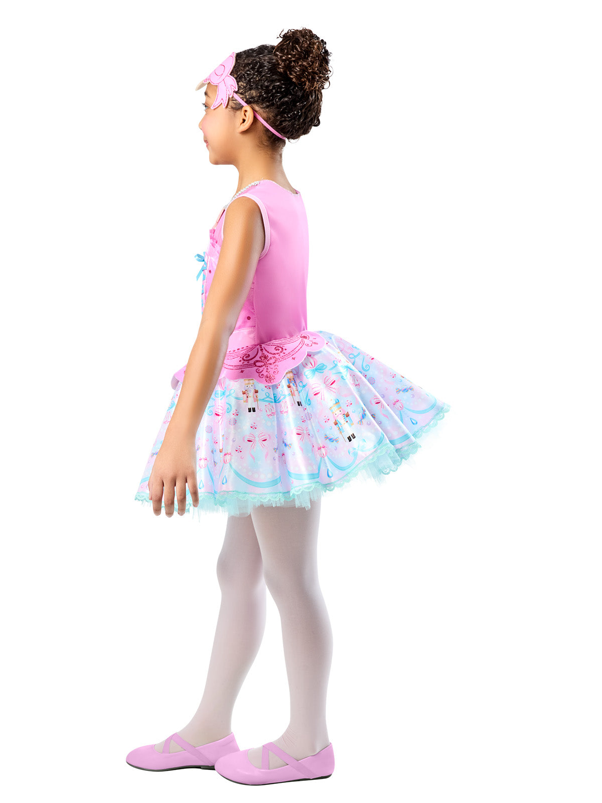 Girl in the Barbie Nutcracker deluxe dress showing the lacy blue tutu hem and pink peplum