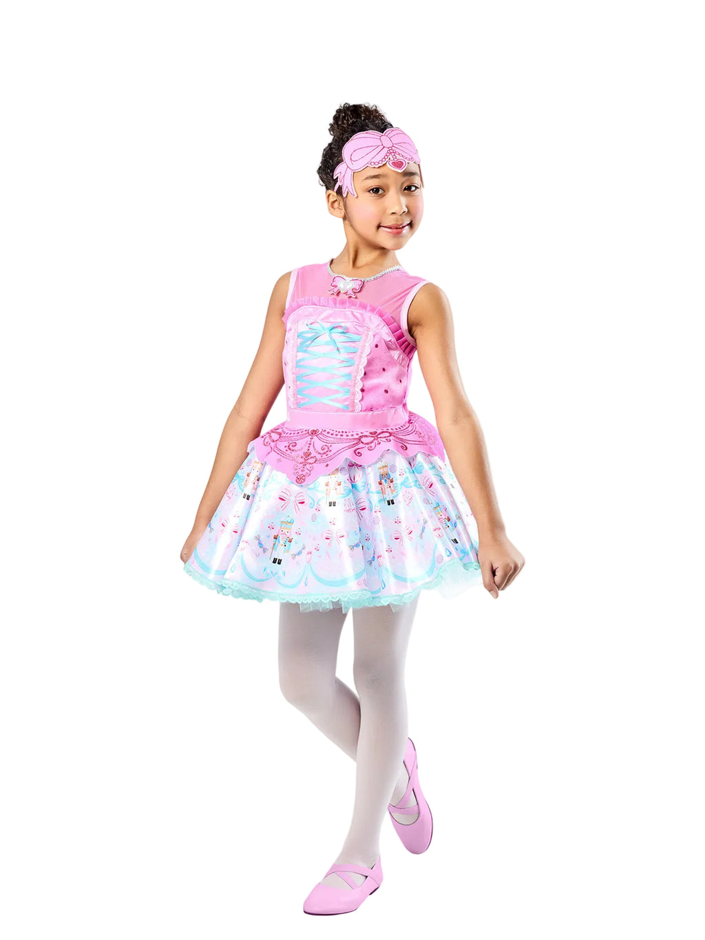 Girl wearing a Barbie Nutcracker dress with pink bodice, layered blue-hem tutu skirt and heart headpiece