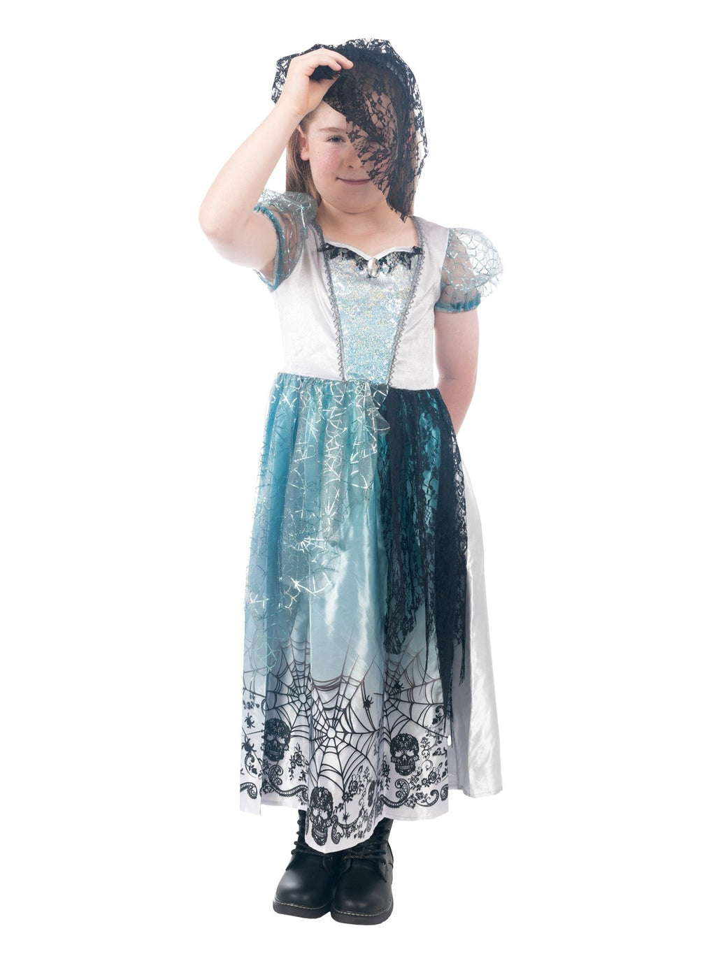 Girl posing in the gothic bride Halloween dress with tulle peplum