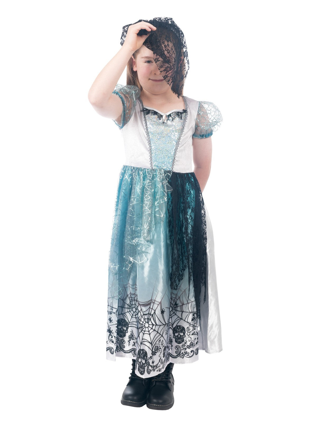 Girl posing in the gothic bride Halloween dress with tulle peplum