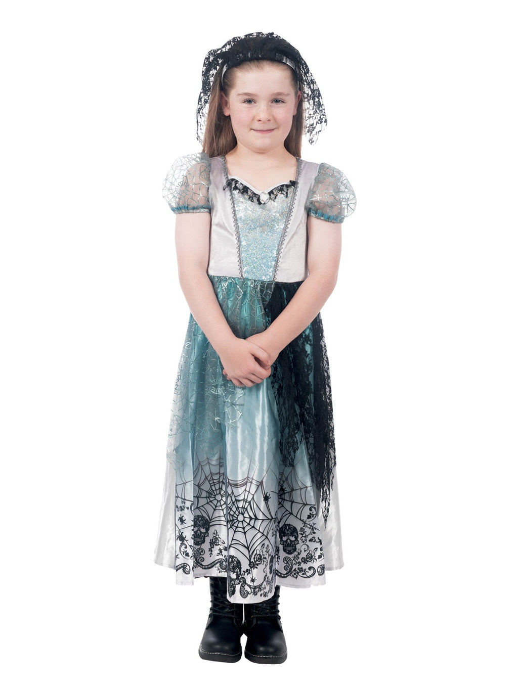 Girl standing in the gothic bride costume with spider-web bodice