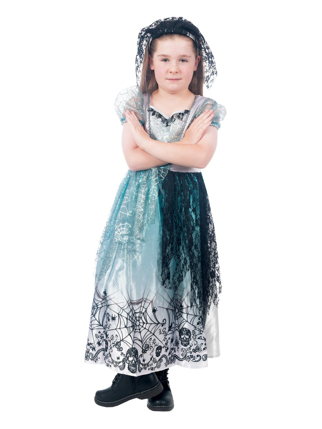 Girl with arms crossed in the gothic bride dress and black veil