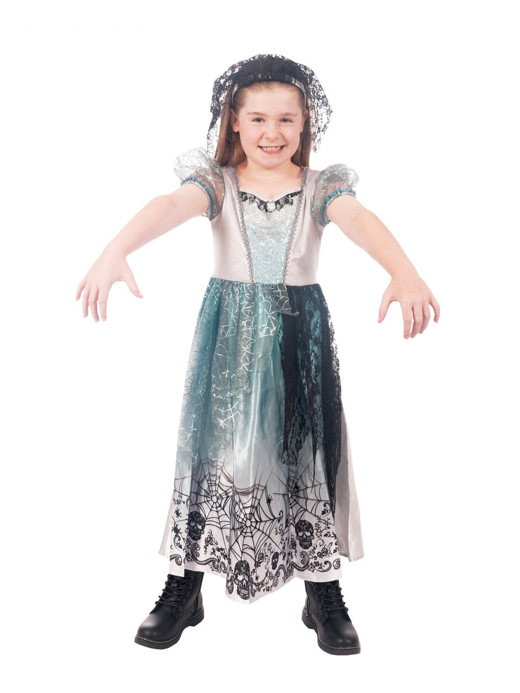 Girl in a gothic bride silver and icy blue dress with spider-web detail and black lace veil