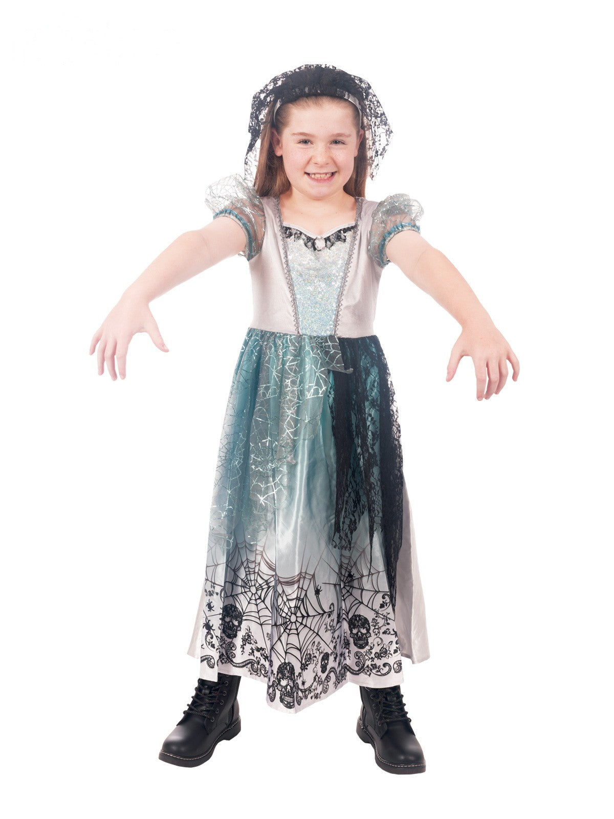 Girl in a gothic bride silver and icy blue dress with spider-web detail and black lace veil