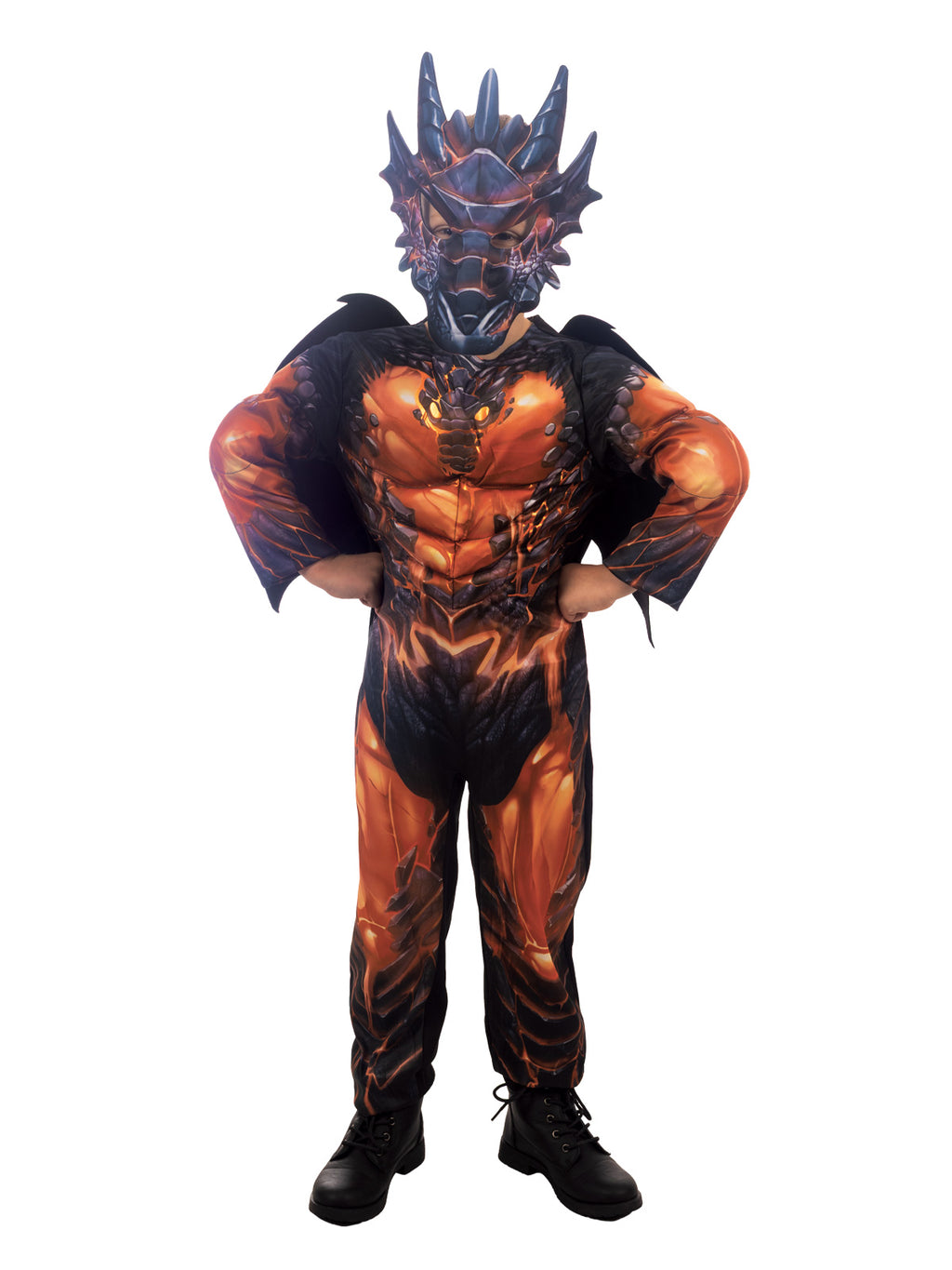 Boy with hands on hips in the Orange Dragon padded jumpsuit with printed dragon face on the chest