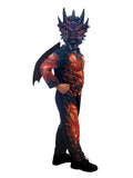 Boy in the Orange Dragon costume with a padded scaly jumpsuit, dragon face mask and wings