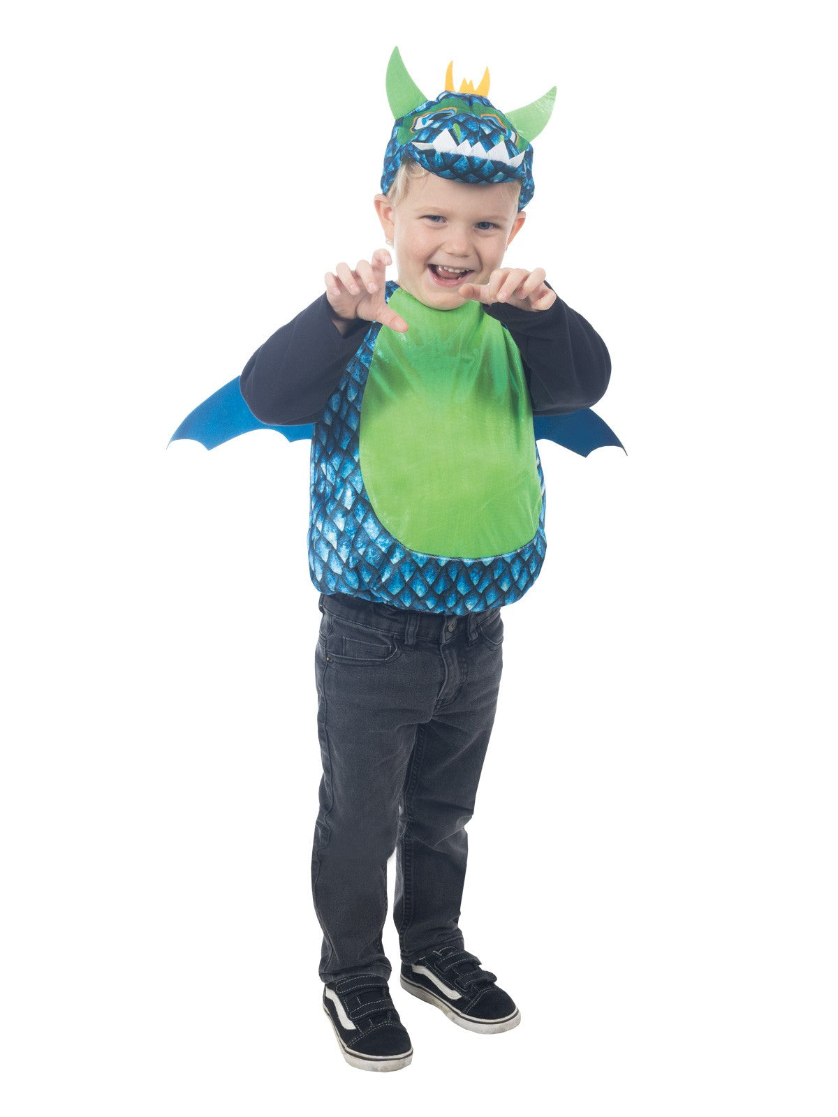 Child roaring in the green dragon tabard with padded tummy and blue wings