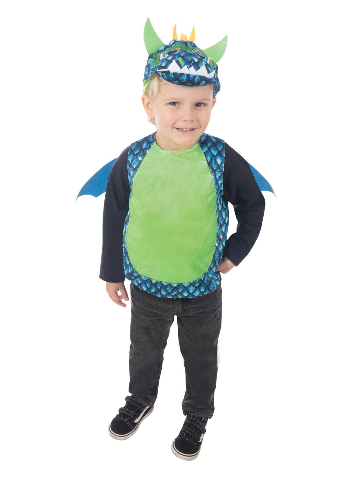 Child wearing the green dragon tabard with foil scale print and horned hood
