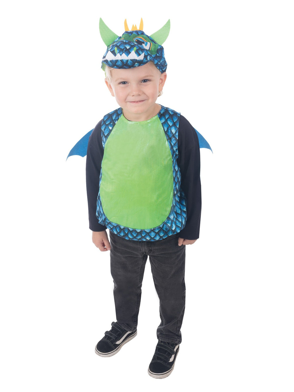 Child in the dragon tabard costume with fibre-filled tummy and 3D felt horns