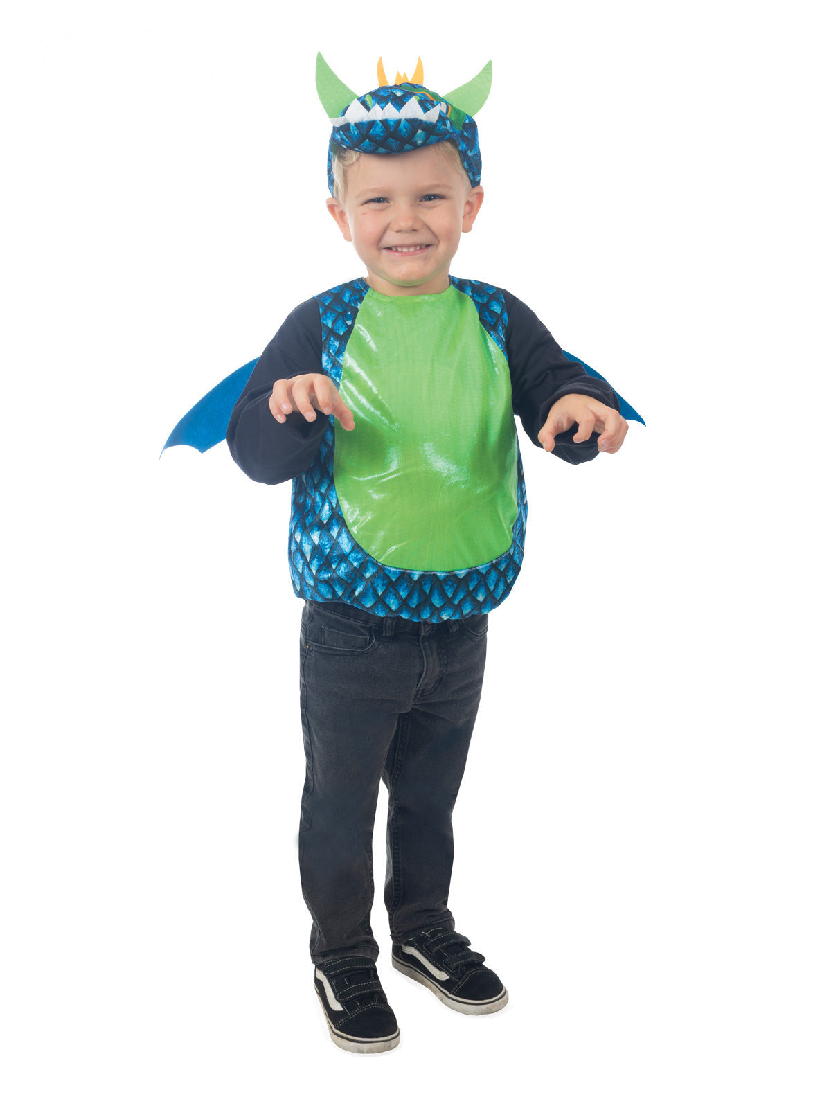 Child in a green dragon tabard with blue wings and horned plush dragon hood