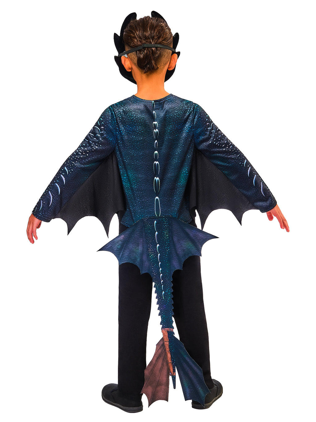 Back view of the Toothless costume showing the wings and felt tail