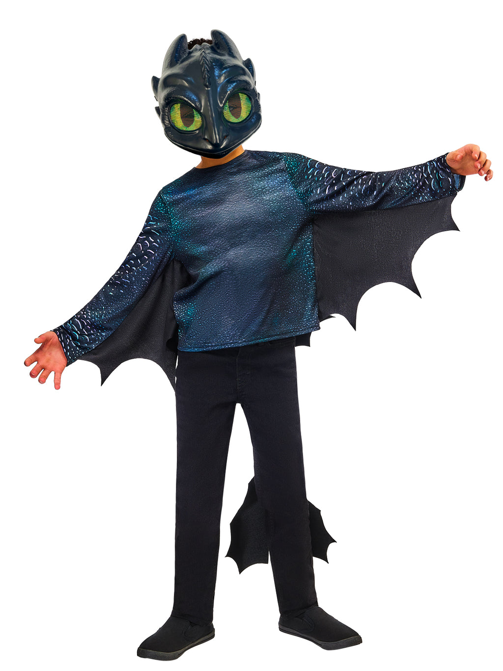 Front view of the Toothless costume with a scaled blue-black top and black wings out