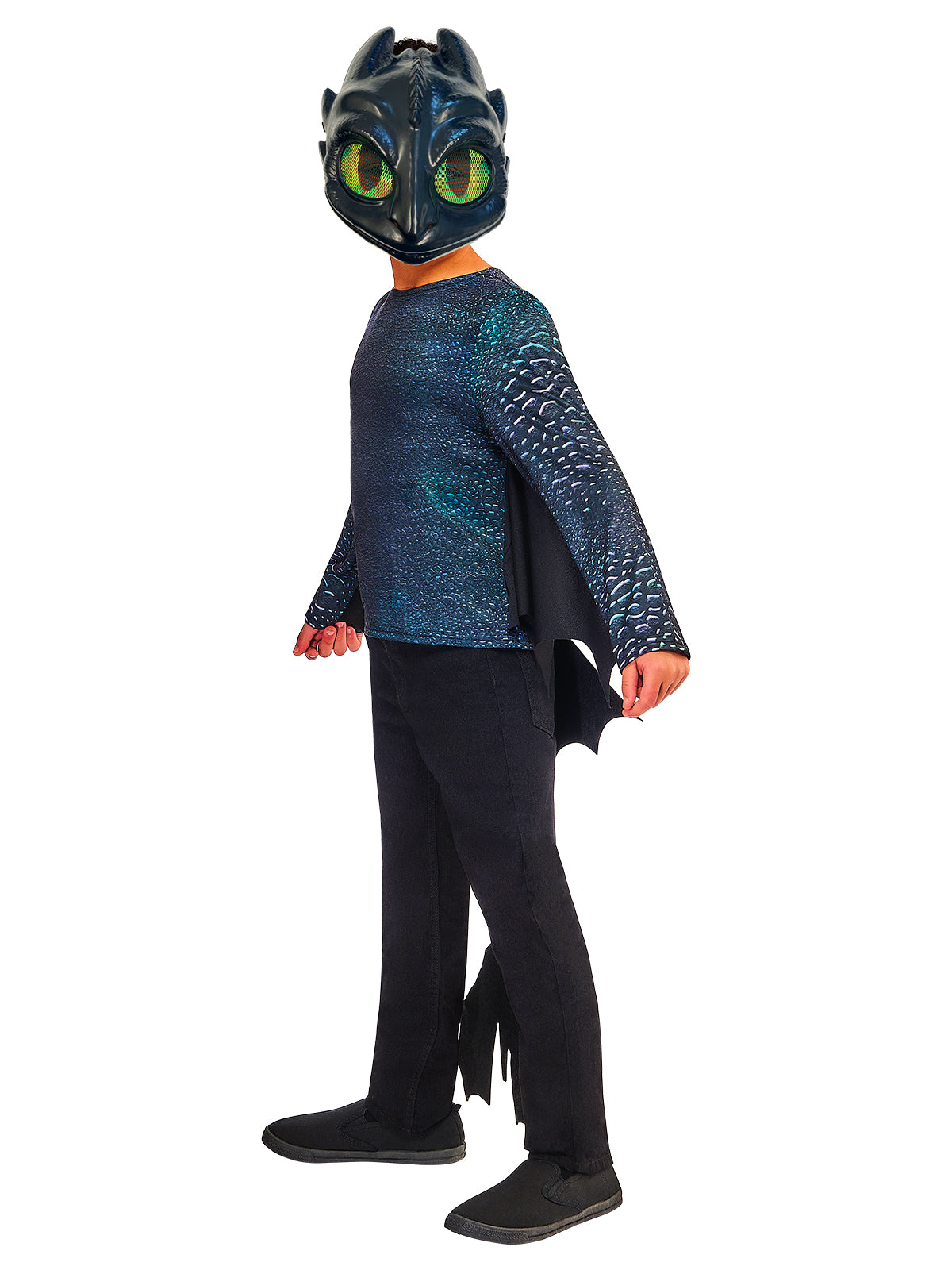 Side view of the Toothless costume with the mask and wings seen in profile